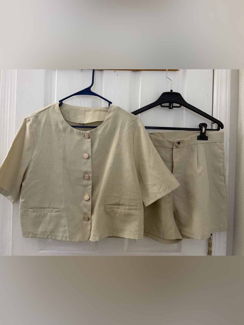 Two-Piece Beige Short Set - Button Front Top & High-Waist Shorts